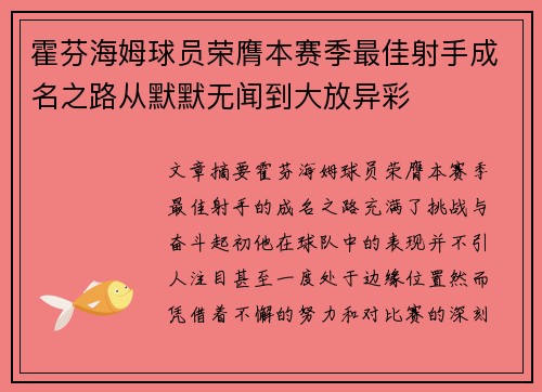 霍芬海姆球员荣膺本赛季最佳射手成名之路从默默无闻到大放异彩
