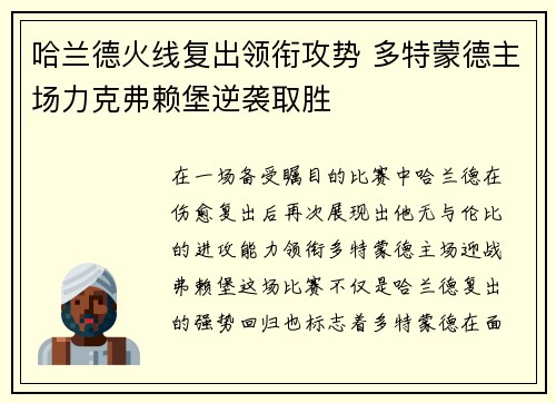 哈兰德火线复出领衔攻势 多特蒙德主场力克弗赖堡逆袭取胜