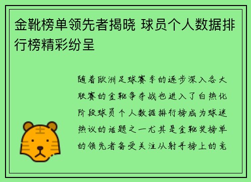 金靴榜单领先者揭晓 球员个人数据排行榜精彩纷呈