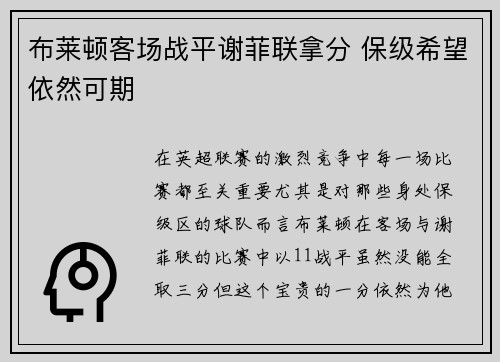 布莱顿客场战平谢菲联拿分 保级希望依然可期